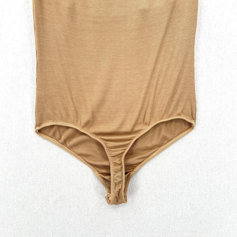 ENZA COSTA Halter Bodysuit Women Medium Tan Ribbed Silk Blend Keyhole Sleeveless - Picture 9 of 13